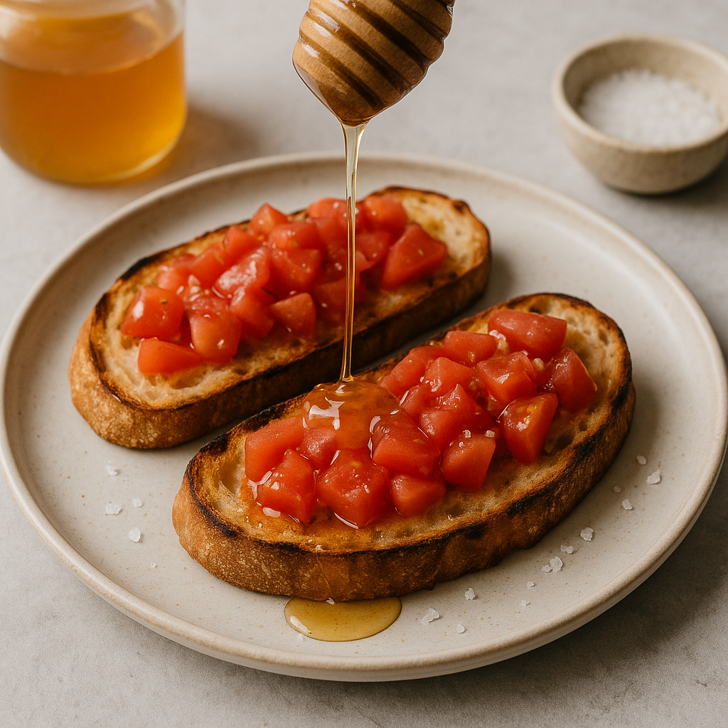 Tostadas con tomate, aceite y miel de tomillo